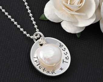 Hand Stamped Necklace - One Disc Charm - Personalized necklace with Coin Pearl - one or two names