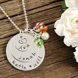 Hand Stamped Necklace - Personalized Jewelry - 3 - Triple Stacked Discs - Sterling Silver with Birthstones