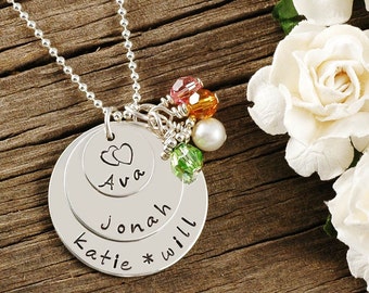 Hand Stamped Necklace - Personalized Jewelry - 3 - Triple Stacked Discs - Sterling Silver with Birthstones