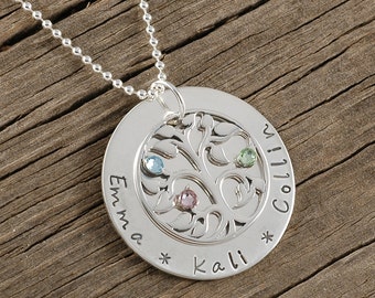 Family Tree Necklace with Birthstones - Sterling Silver - Mommy Jewelry