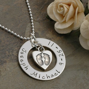New Baby - Hand Stamped Necklace - Personalized - name and date - Baby Feet in heart charm