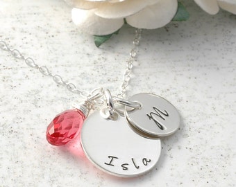 Mommy Jewelry - Personalized hand stamped necklace -  2 tiny discs with birthstone