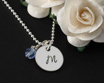 Hand Stamped Necklace - 1/2" initial disc with birthstone - Personalized Jewelry