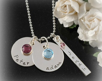 Personalized Mothers Necklace - Sterling Silver - three mixed charms with birthstones