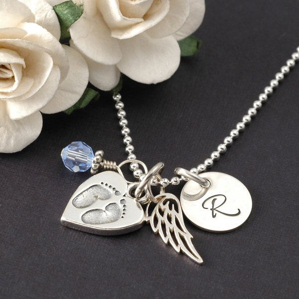 Miscarriage necklace, My angel baby, Infant loss, Stillborn Gift - baby feet in heart - angel wing - initial charm - birthstone