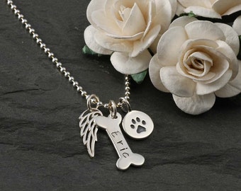 Dog Bone, Wing,  and paw print Necklace - Personalized - Sterling Silver