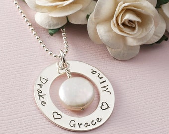 Mothers necklace Washer style Personalized Sterling Silver Family Name Pendant with Coin Pearl