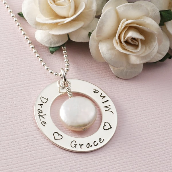 Mothers necklace Washer style Personalized Sterling Silver Family Name Pendant with Coin Pearl