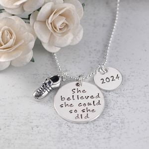 Runner Necklace - Marathon Jewelry - 2024 - She believed she could so she did - tennis shoe - track shoe - sneaker