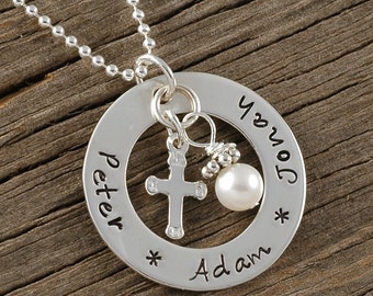 Personalized Necklace - Hand Stamped -  with cross charm and pearl - gift for Mommy or Grandma