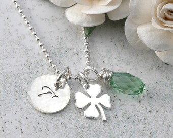 Four Leaf Clover and Initial Necklace - with briolette - sterling silver