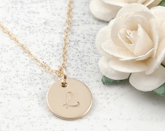Minimalist - Tiny hand stamped Gold-filled Initial Necklace - 1/2" round disc