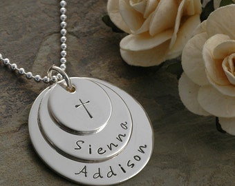Mother's Day Jewelry, Mommy necklace, Hand Stamped stacked Necklace - Personalized mother's jewelry, three discs, 3 layers