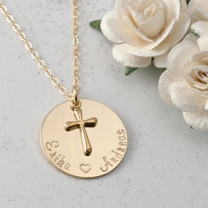Personalized Gold charm necklace -  Hand Stamped - with Gold Cross Charm