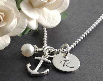 Anchor necklace, initial jewelry, pearl, personalized initial, anchor initial pearl, friendship, BFF, sterling silver anchor charm