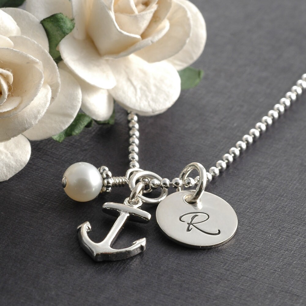 Anchor necklace initial jewelry pearl personalized initial Etsy