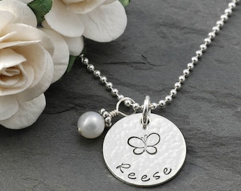 Mommy Jewelry - Personalized hand stamped necklace -  5/8" disc with pearl