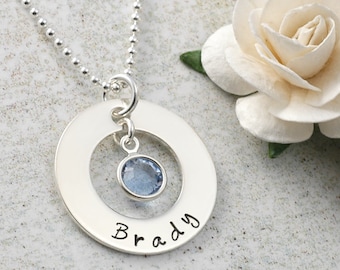 Personalized Hand Stamped Necklace - Washer style - Eternity Circle, Mother's Necklace, New Mommy, center birthstone, Baby or Child's name