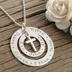 Personalized Mother's Necklace, Double Washer Style Necklace, Large Family, Cross Charm, gifts for mom image 1