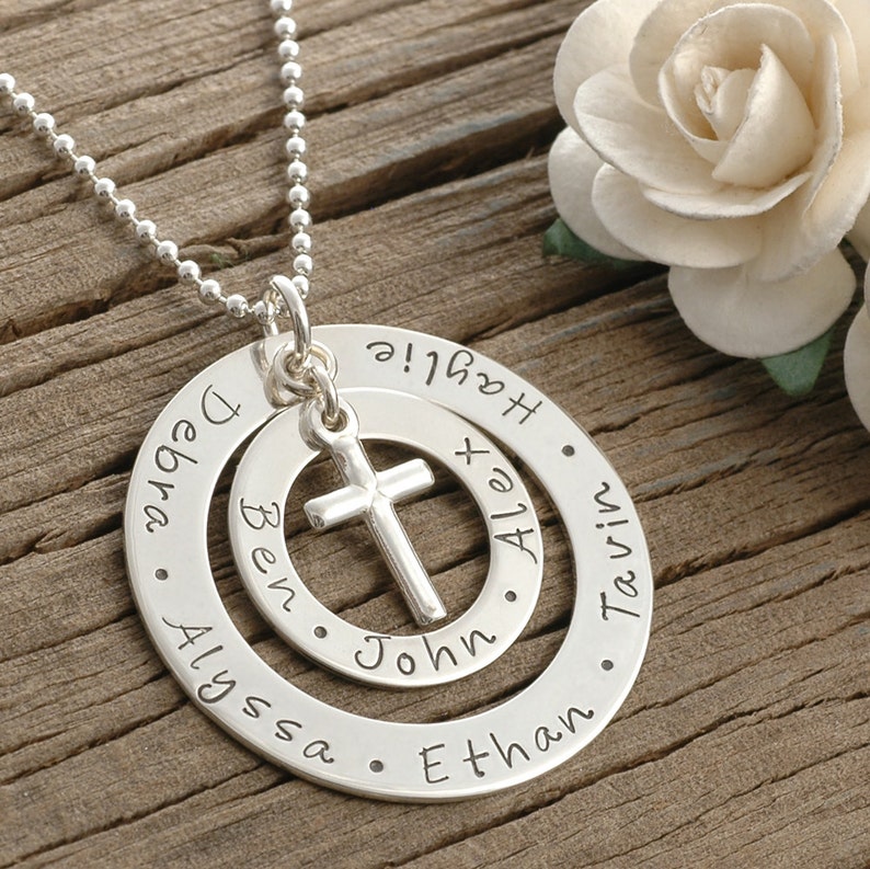 Personalized Mother's Necklace, Double Washer Style Necklace, Large Family, Cross Charm, gifts for mom image 1