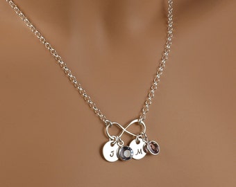 Infinity Necklace - With Initial discs and birthstones