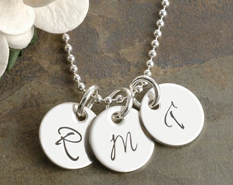 Hand Stamped Jewelry - Three Tiny Personalized discs - 11mm - Initial Necklace