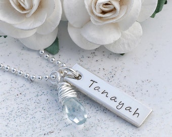 Personalized Single Rectangle Tag Necklace with briolette - Hand Stamped Mommy Jewelry