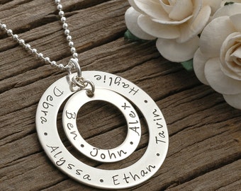 Mother's Jewelry, Large Family  - Personalized -  Double Washer Style Necklace - Sterling Silver, mother's day gift, gifts for mom