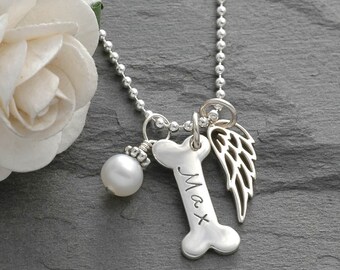 Pet memorial Jewelry, Dog Bone and Wing Necklace - pet remembrance - sterling silver