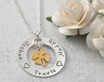 Four Leaf Clover Eternity Mother's Necklace - sterling silver and gold combo