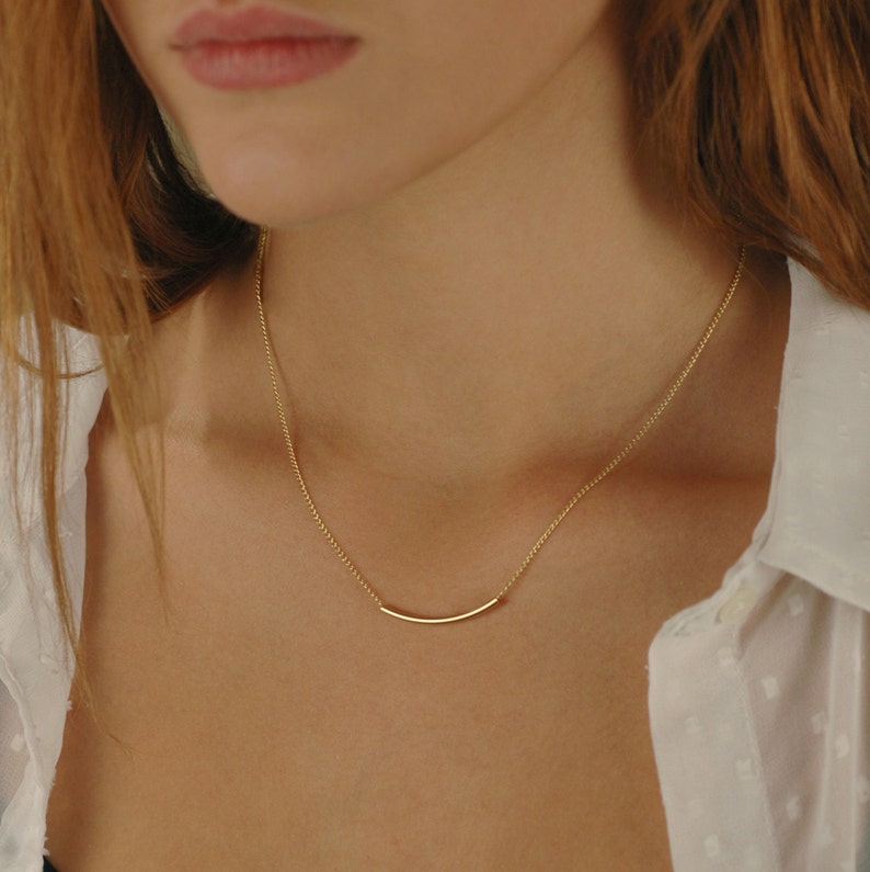 Dainty Curved Bar Necklace Gold Tube Necklace 14k Gold Etsy