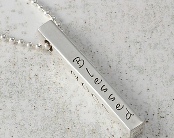 Personalized Necklace - 4 four sided Bar - hand stamped jewelry  - 3D bar - Sterling silver