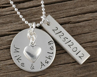 Personalized Necklace - hand stamped jewelry - Names - date - Perfect for anniversary - wedding - engagement - Valentine's Day