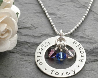 Personalized Mommy Necklace Washer Style Sterling Silver Family Name Open Circle with Birthstones