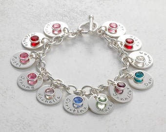Nine Disc Personalized name Charm bracelet with birthstones  - Mom or Grandma