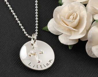 Easter necklace, Hand Stamped - Personalized Necklace - Single Disc with cross charm - domed charm necklace