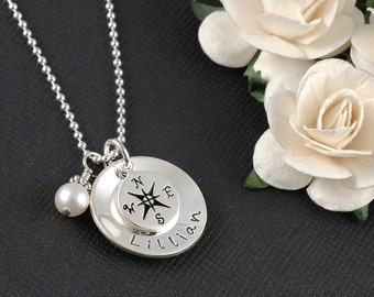 Compass Necklace, Personalized with pearl or birthstone