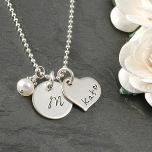 Personalized tiny heart and circle Necklace - Hand Stamped - Birthstone or pearl