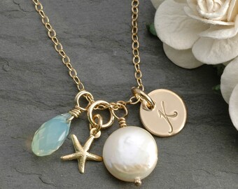 Hand Stamped Gold-filled Initial Necklace - 3/8" round disc with Starfish, briolette, and coin pearl