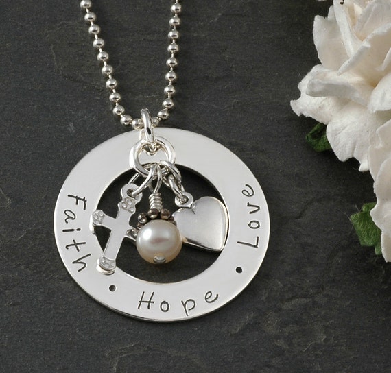 Faith Hope Love Hand stamped Necklace - Sterling Silver