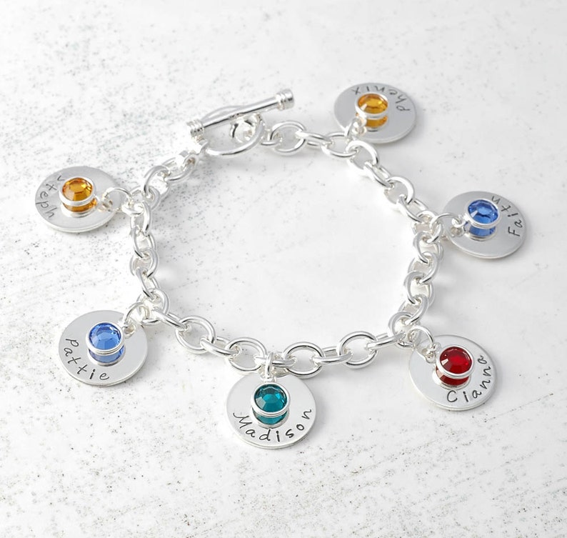 Eight disc Personalized name Charm bracelet with birthstones Mom or Grandma image 2