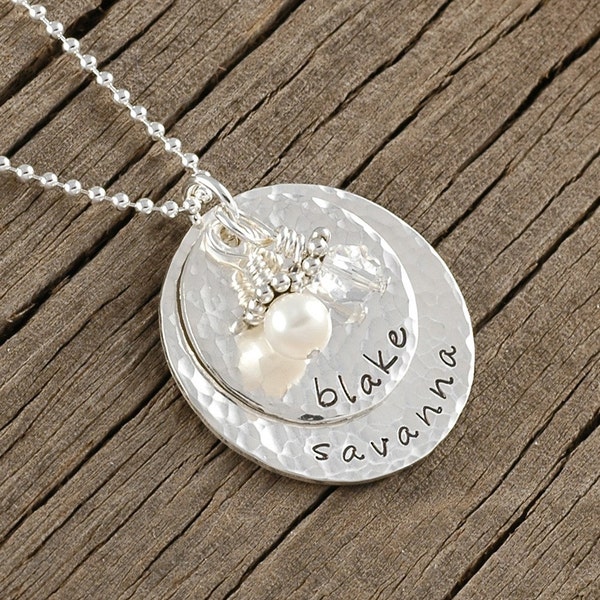 Personalized Necklace - Sterling Silver - Double Stacked - Name Pendant - Hammered - Mother's Necklace - Gold or Rose Gold available