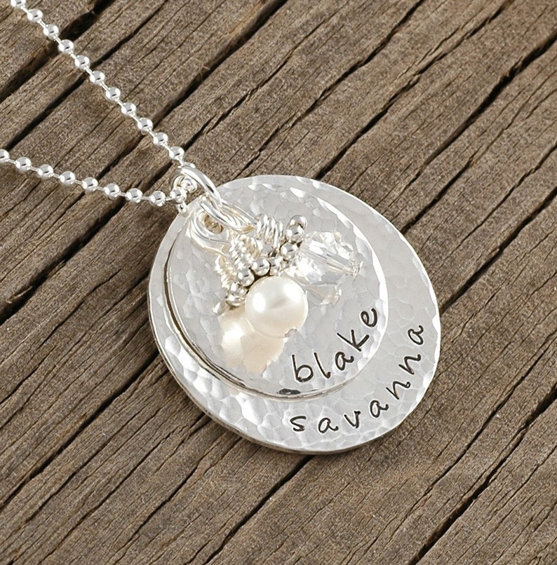 Personalized Necklace Sterling Silver Double Stacked Name Pendant Hammered Mother's Necklace Gold or Rose Gold available image 1