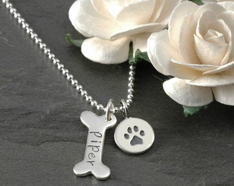 Dog Bone and paw print Necklace - Personalized - Sterling Silver