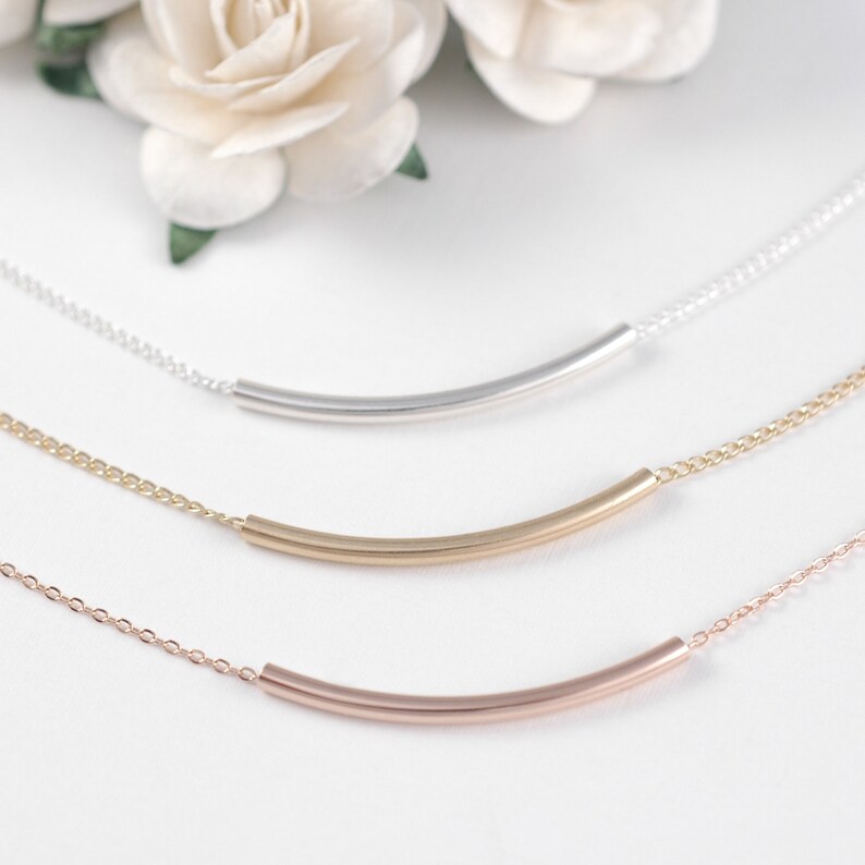Dainty Curved Bar Necklace Gold Tube Necklace 14k Gold Etsy