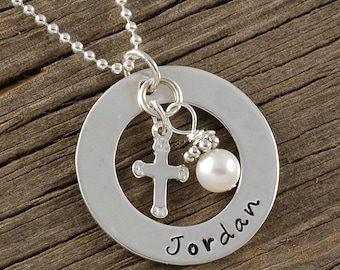 Personalized Name Necklace with cross charm and pearl - sterling silver open circle - confirmation - baptism - faith