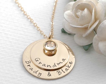 Gold Filled personalized name necklace, stacked discs with birthstones