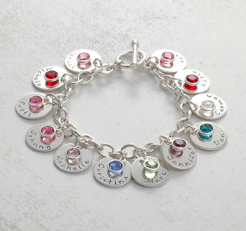 Eight disc Personalized name Charm bracelet with birthstones Mom or Grandma image 3