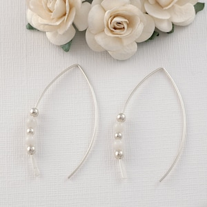 Sterling Silver ear threader hook earrings, moonstone, fish hook hoop earrings, thin open hoops