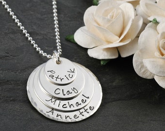 4 Disc Layered Hand Stamped Necklace - Personalized mother's jewelry